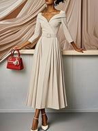 Off White Pleated Ruched Three Quarter Sleeve A-Line Maxi Dress