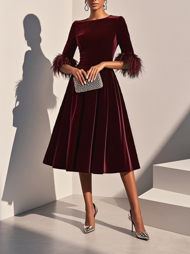 Wine Red Feather-trimmed Velvet Crew Neck Half Sleeve A-Line Midi Dress