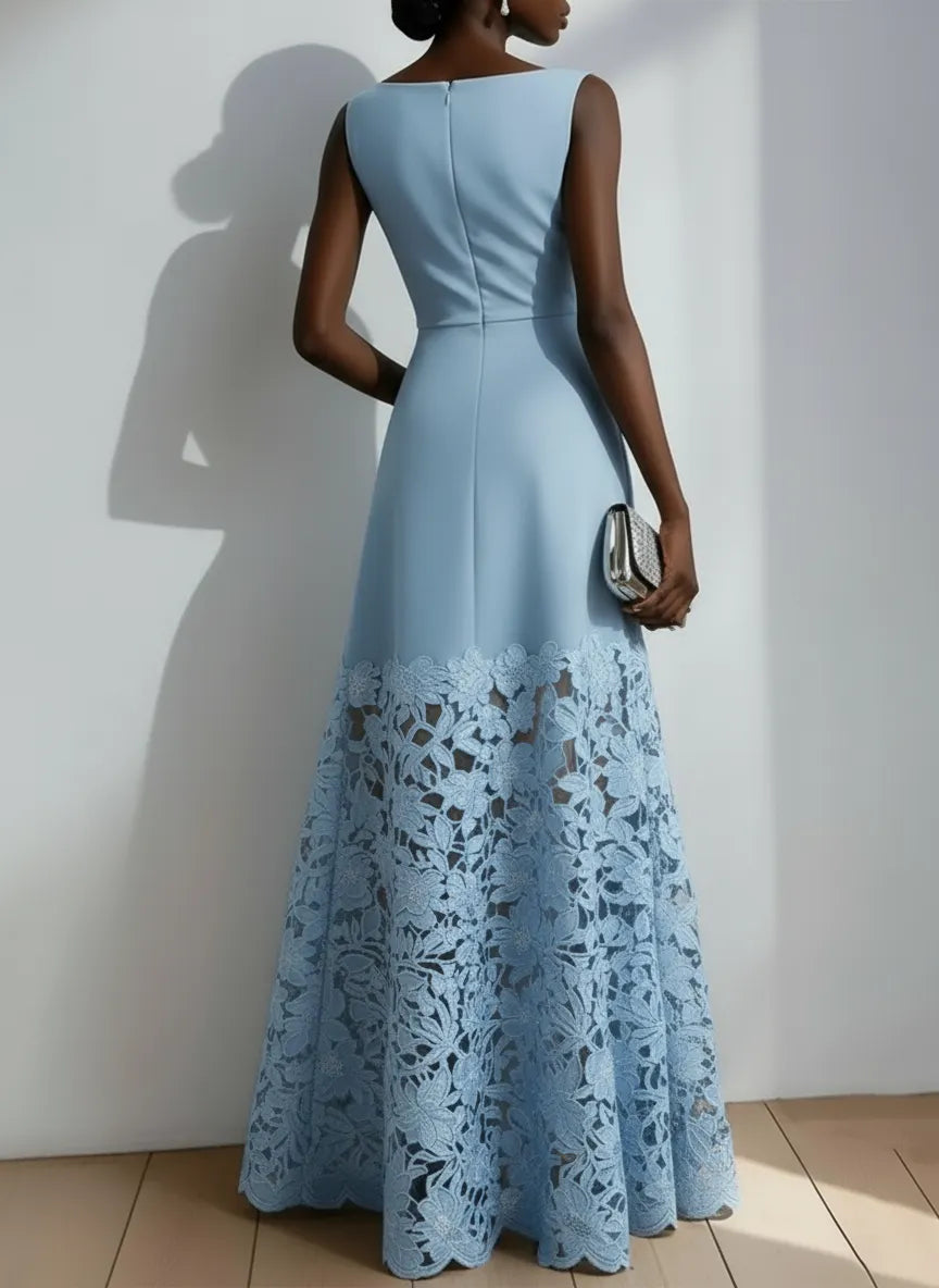 Light Blue Lace Classic Boat Neck Sleeveless A-Line Maxi Dress