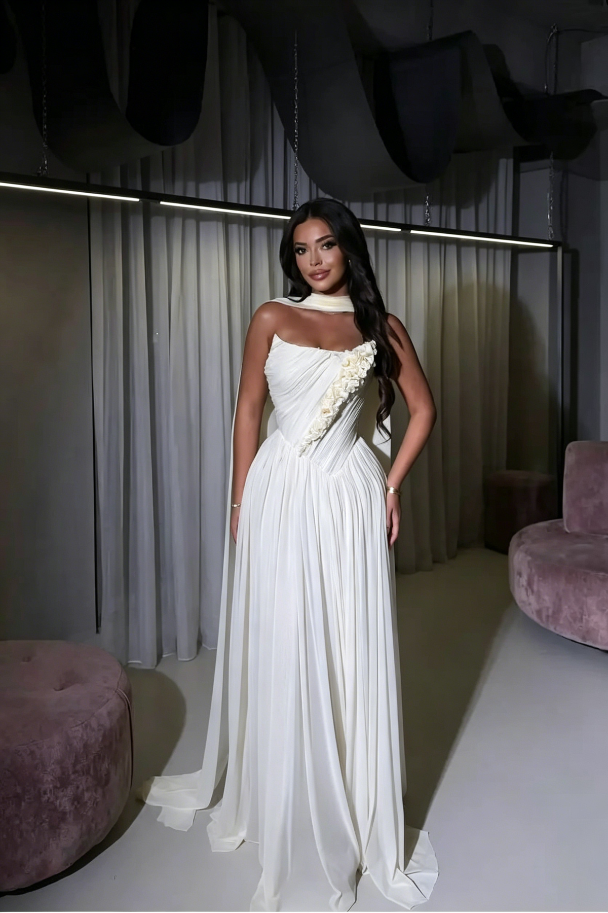 Cocoslly Strapless Sleeveless High Waist Long Prom Dress With Appliques And Scarf | Daffodil Chiffon YQ0072