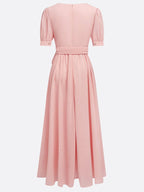 Pink Ruched Bow Chiffon V Neck Short Sleeve Sheath Maxi Dress