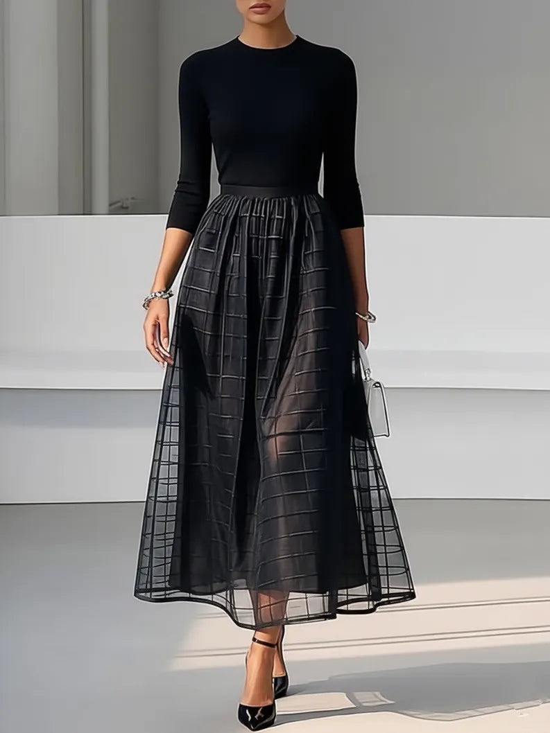 Black Organza Knit Crew Neck Half Sleeve A-Line Midi Dress