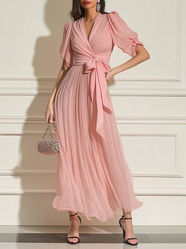 Pink Ruched Bow Chiffon V Neck Short Sleeve Sheath Maxi Dress