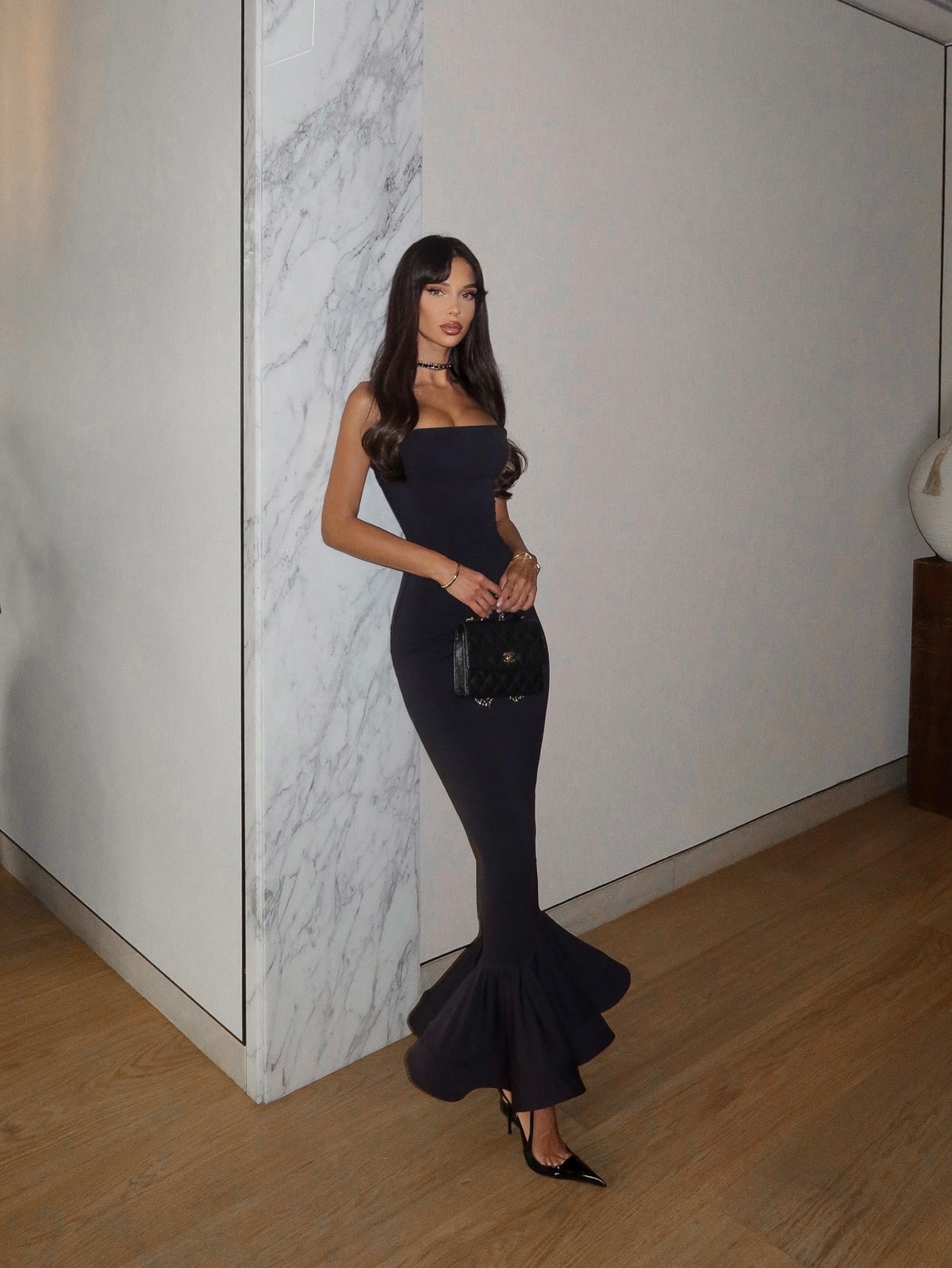 Cocoslly Strapless Sleeveless Long Mermaid Prom Dress | Black Satin CO0092