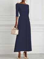 Purplish Blue Classic Off The Shoulder Half Sleeve A-Line Maxi Dress