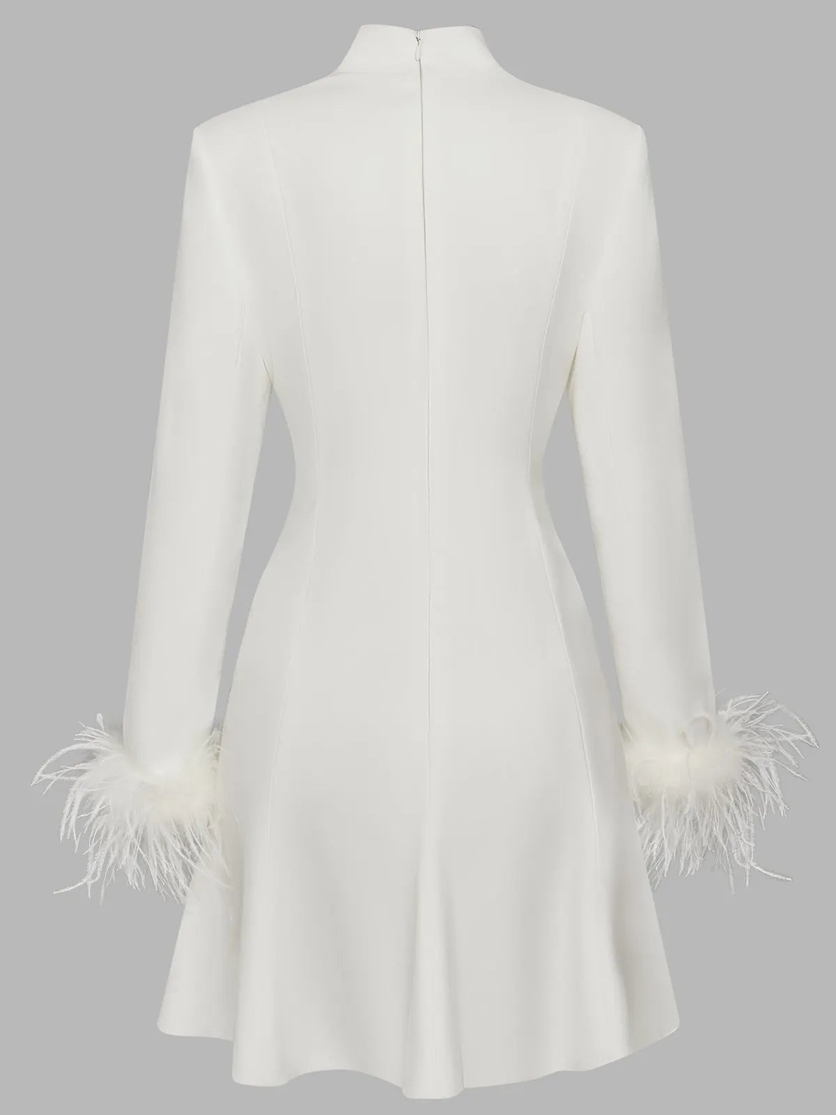 White Feather-trimmed Buckle Classic V Neck Stand Collar Long Sleeve A-Line Mini Dress