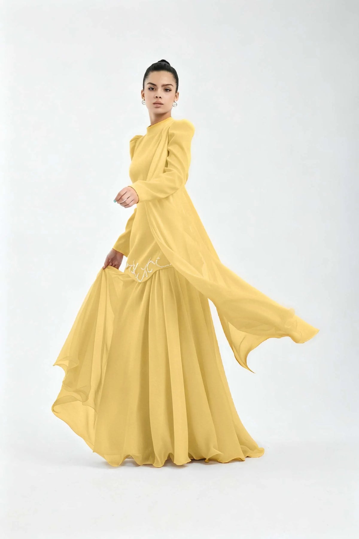 Cocoslly High Neck Long Sleeves High Waist Long Prom Dress With Rhinstone | Cabemet Chiffon LR0407