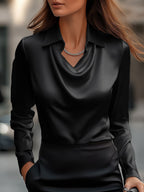 Elegant White Satin Blouse with Draped Neckline