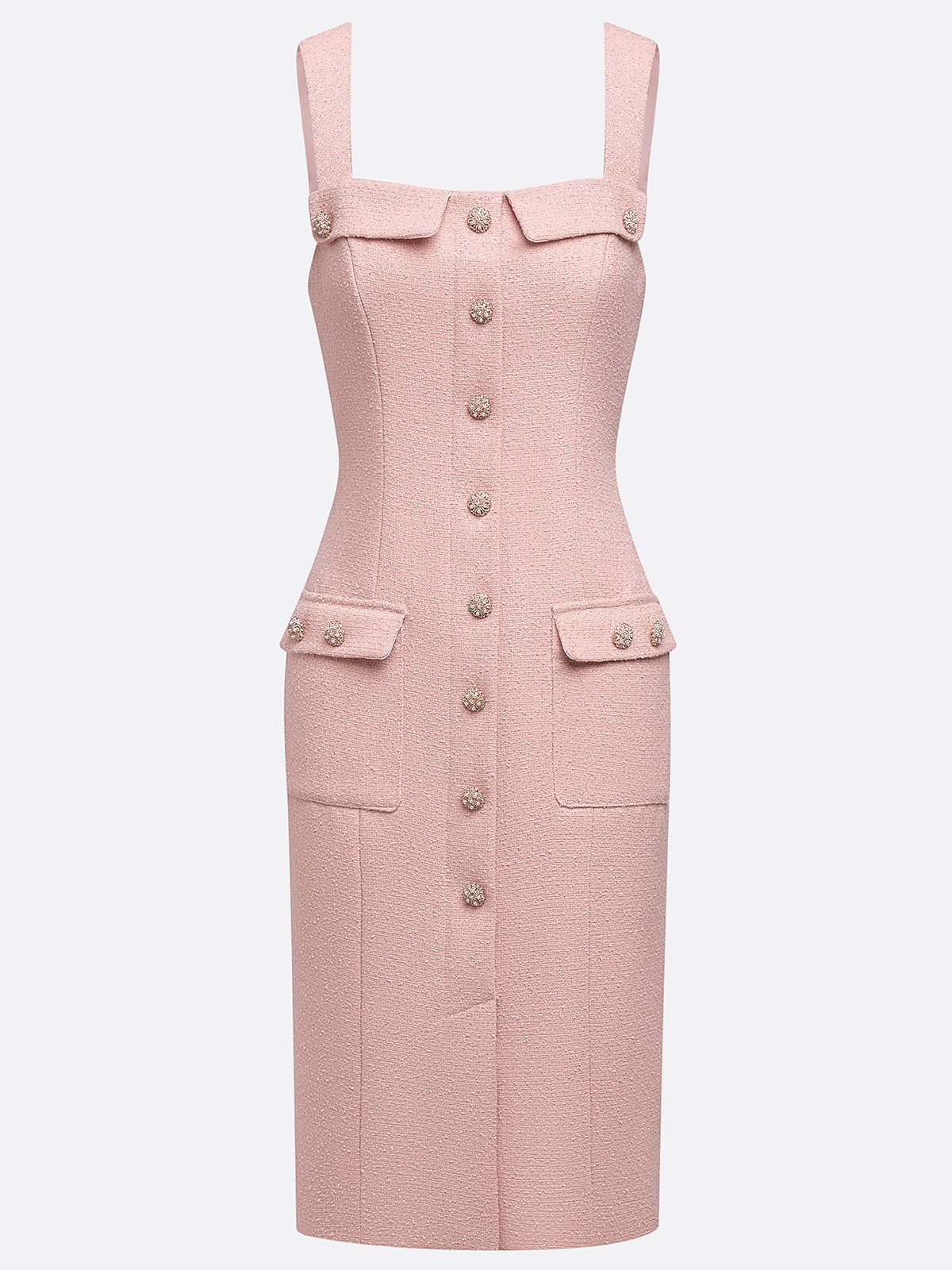 Pink Buckle Pocket Stitching Tweed Spaghetti Sleeveless Sheath Midi Dress
