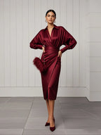 Women Wine Red Lapel Collar Long Sleeve Dressy Top With Skirt Two-Piece Set