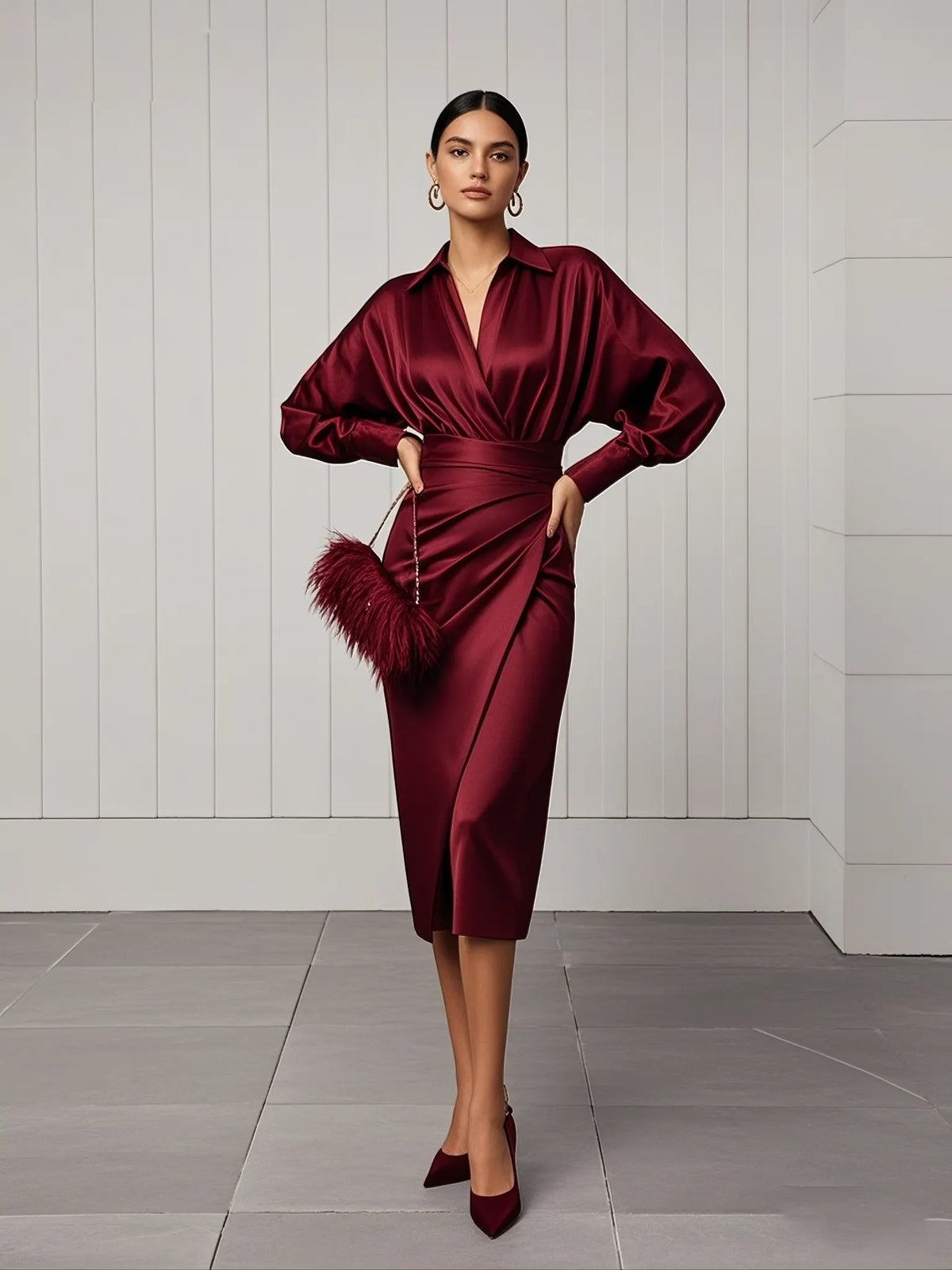 Women Wine Red Lapel Collar Long Sleeve Dressy Top With Skirt Two-Piece Set