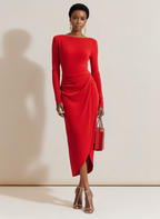 Red Asymmetric Ruched Knit Boat Neck Long Sleeve Sheath Midi Dress