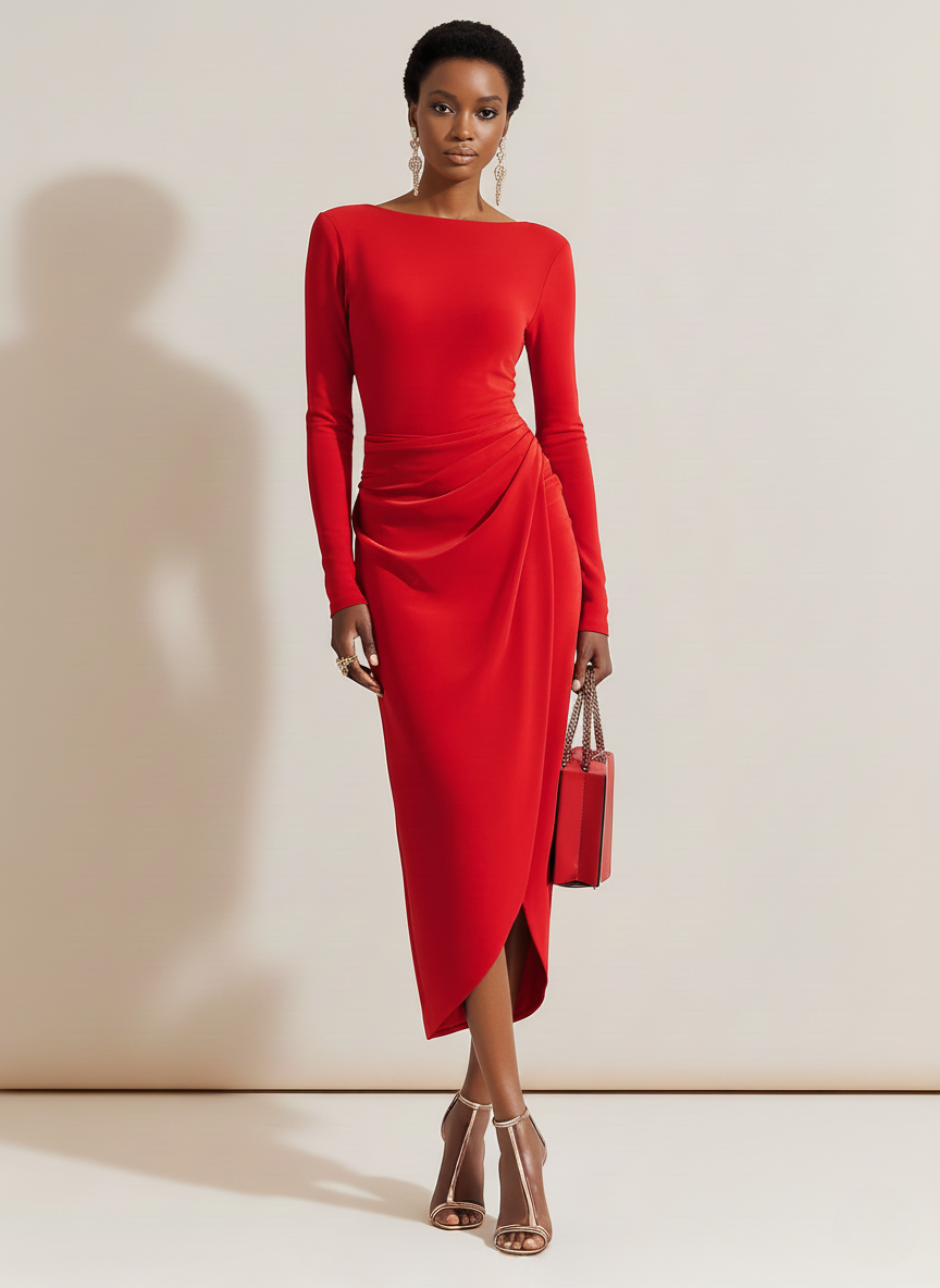 Red Asymmetric Ruched Knit Boat Neck Long Sleeve Sheath Midi Dress