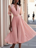 Pink Pleated Lace V Neck A-Line Midi Chiffon Dress