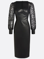 Black Lace Faux Leather Square Neck Long Sleeve Balloon Sleeve Sheath Midi Dress