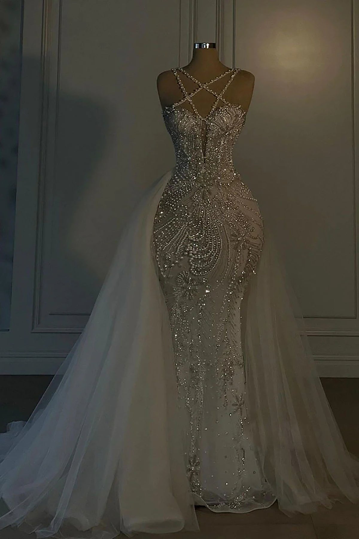 Cocoslly Halter Sleeveless Long Mermaid Prom Dress With Sequins Beadings And Tulle Ruffle | Ivory Tulle YL0335