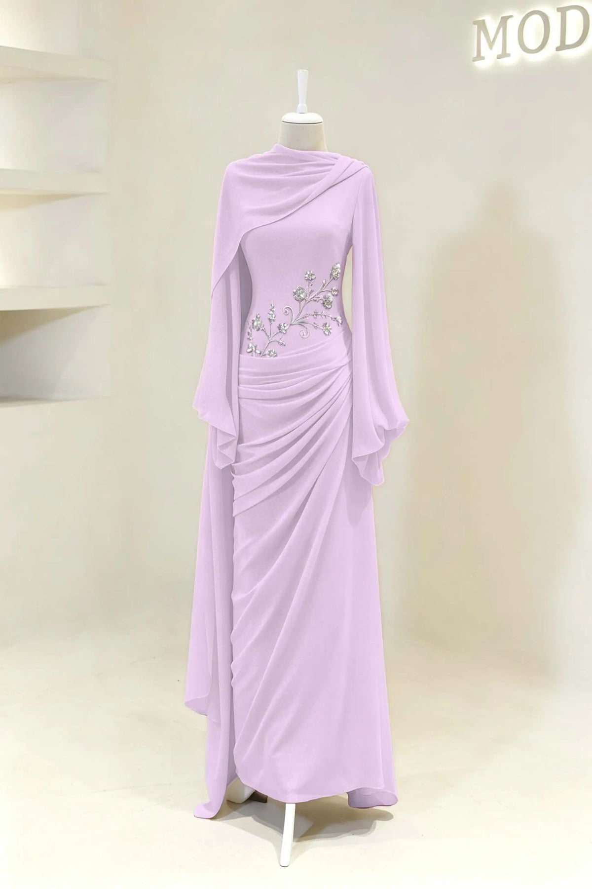 Cocoslly Long Sleeves High Waist Long Prom Dress With Pleated And Beading Pearls | Cabemet Chiffon ZA0710