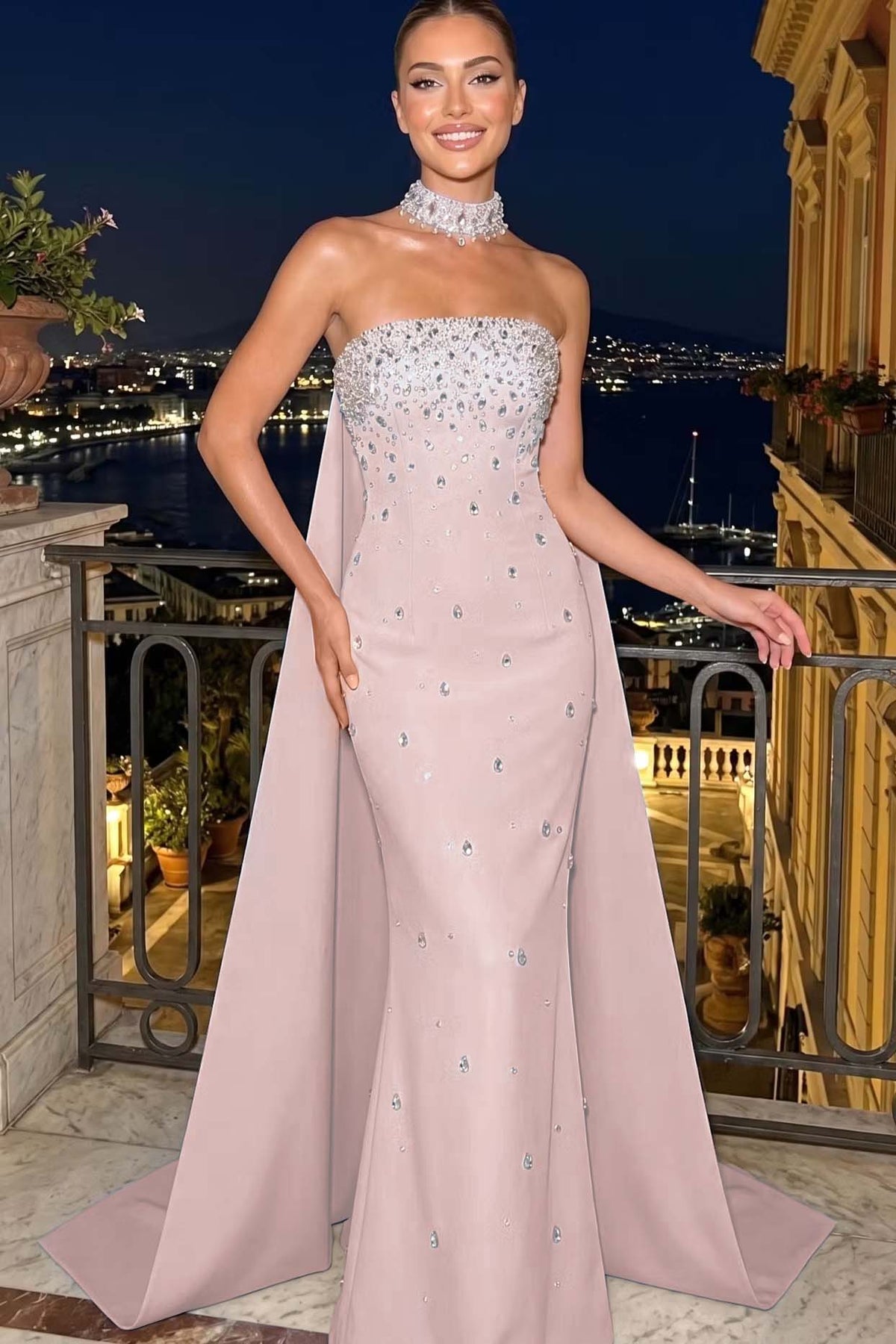 Cocoslly Strapless Sleeveless High Waist Long Mermaid Prom Dress With Rhinstone | Blue Satin YC0546
