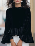 Round Neck Velvet Ruffle-Trim Blouse