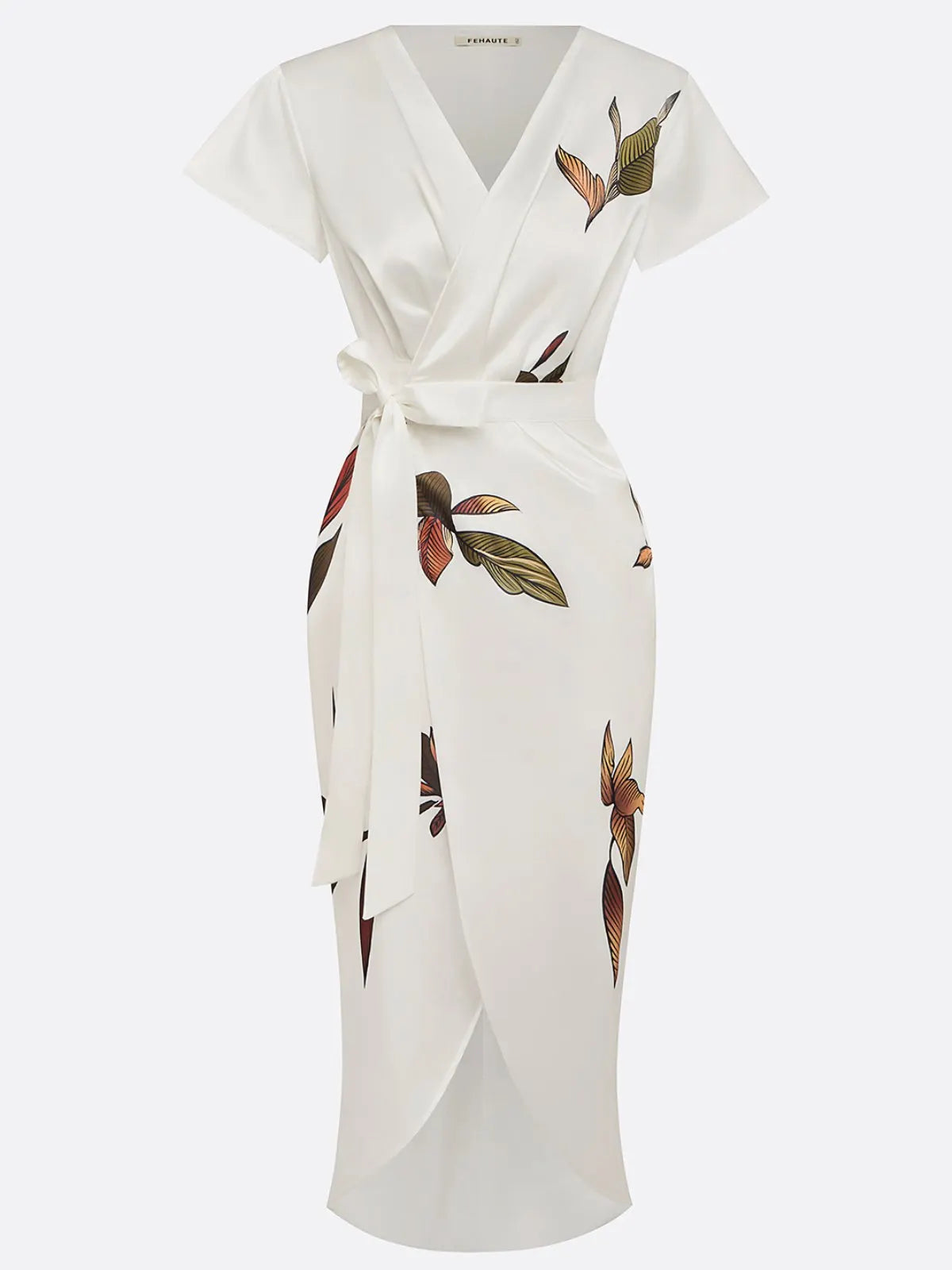 White Leaf Short Sleeve Satin Wrap Sheath Midi Dress