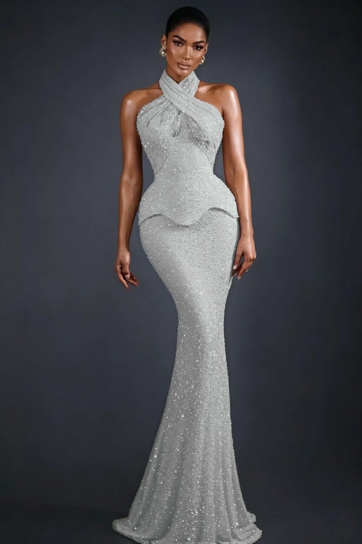 Cocoslly Halter Sleeveless High Waist Long Mermaid Prom Dress | Glod Champage Beading Pearls LR0565