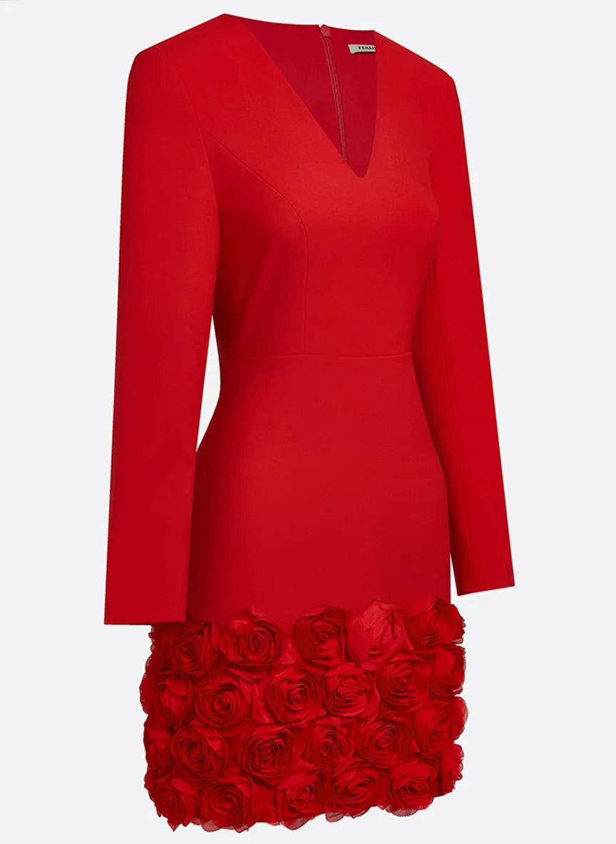 Red 3D Floral Classic V Neck Long Sleeve Sheath Mini Dress