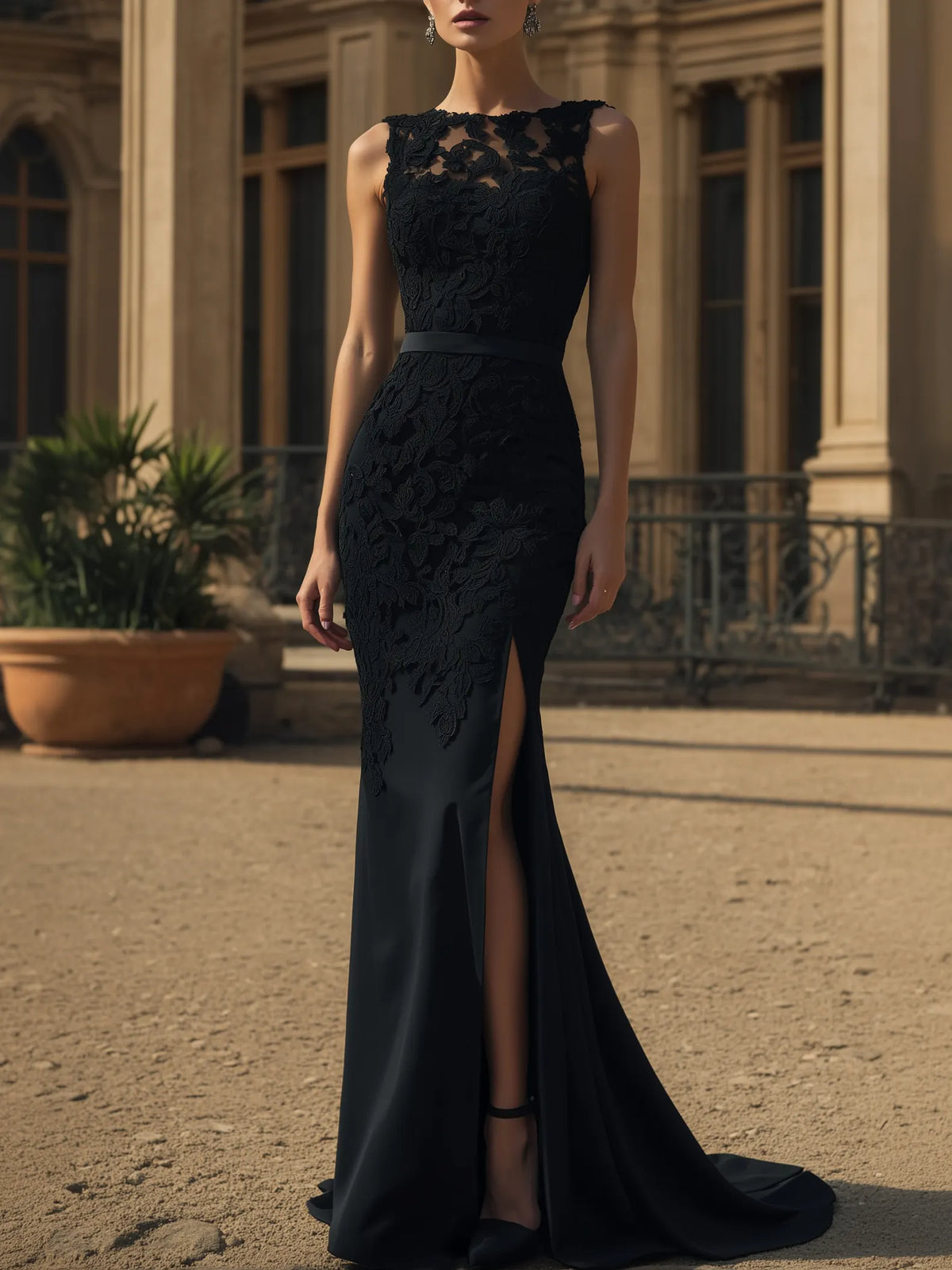 Black Lace Split Joint Classic Boat Neck Sleeveless Mermaid Gown Dress