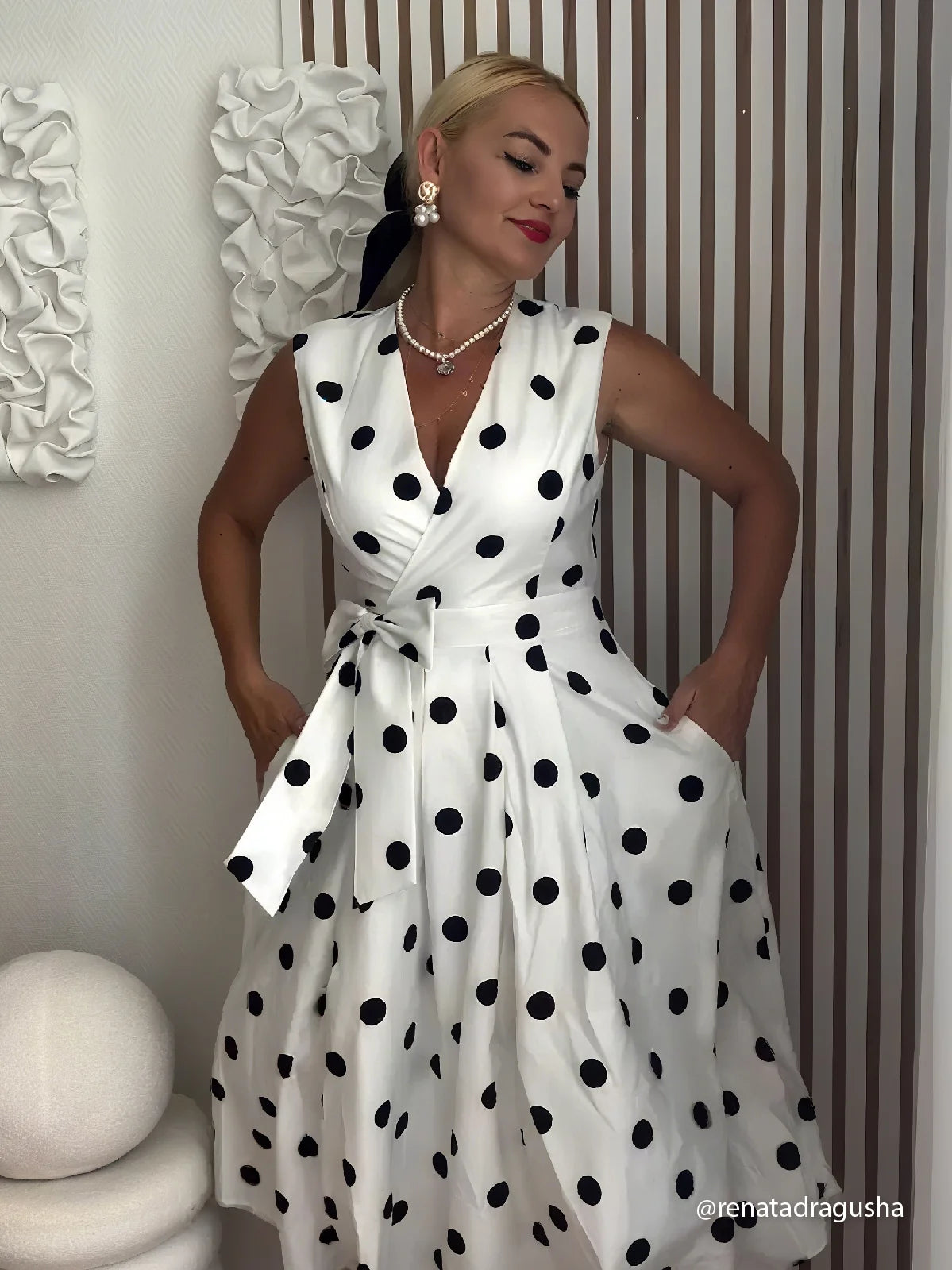 White Polka Dots V Neck Sleeveless A-Line Midi Dress