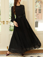 Black Pleated Mesh Chiffon Crew Neck Long Sleeve Balloon Sleeve A-Line Maxi Dress
