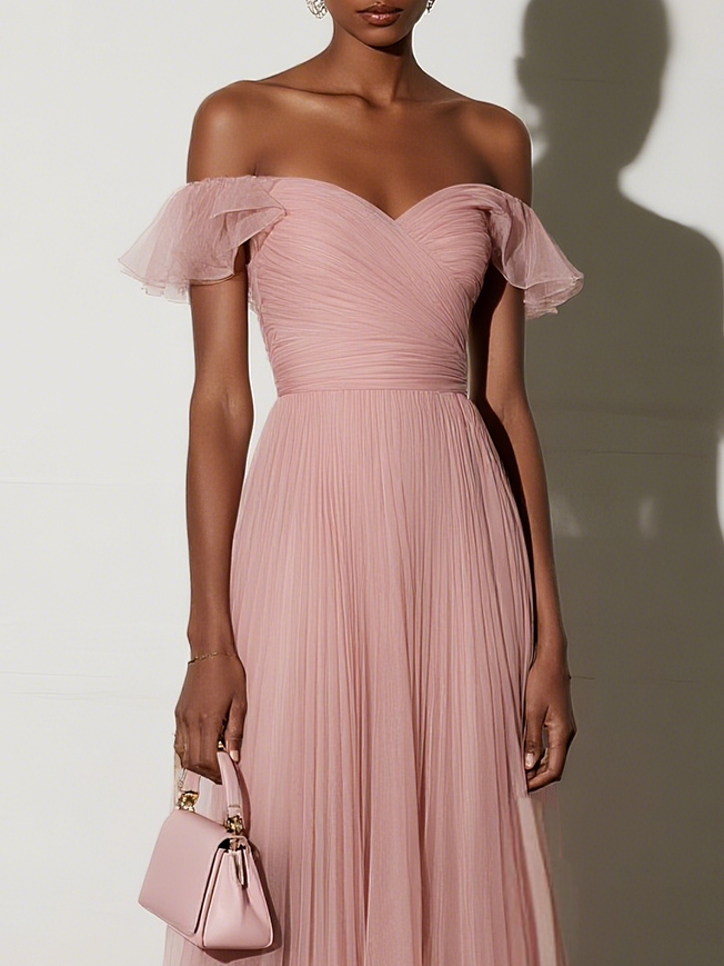 Pink Ruffled Pleated Tulle Off The Shoulder Short Sleeve A-Line Gown Dress