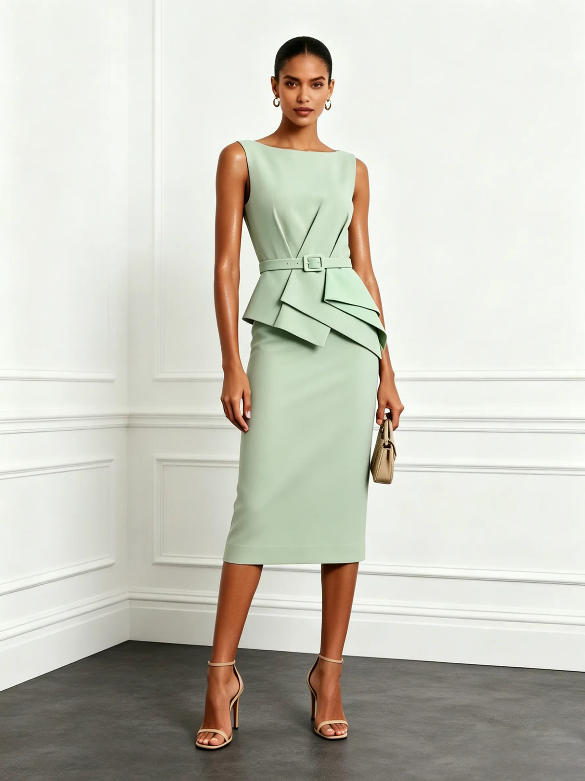 Sage Green Ruched Classic Boat Neck Sleeveless Sheath Midi Dress