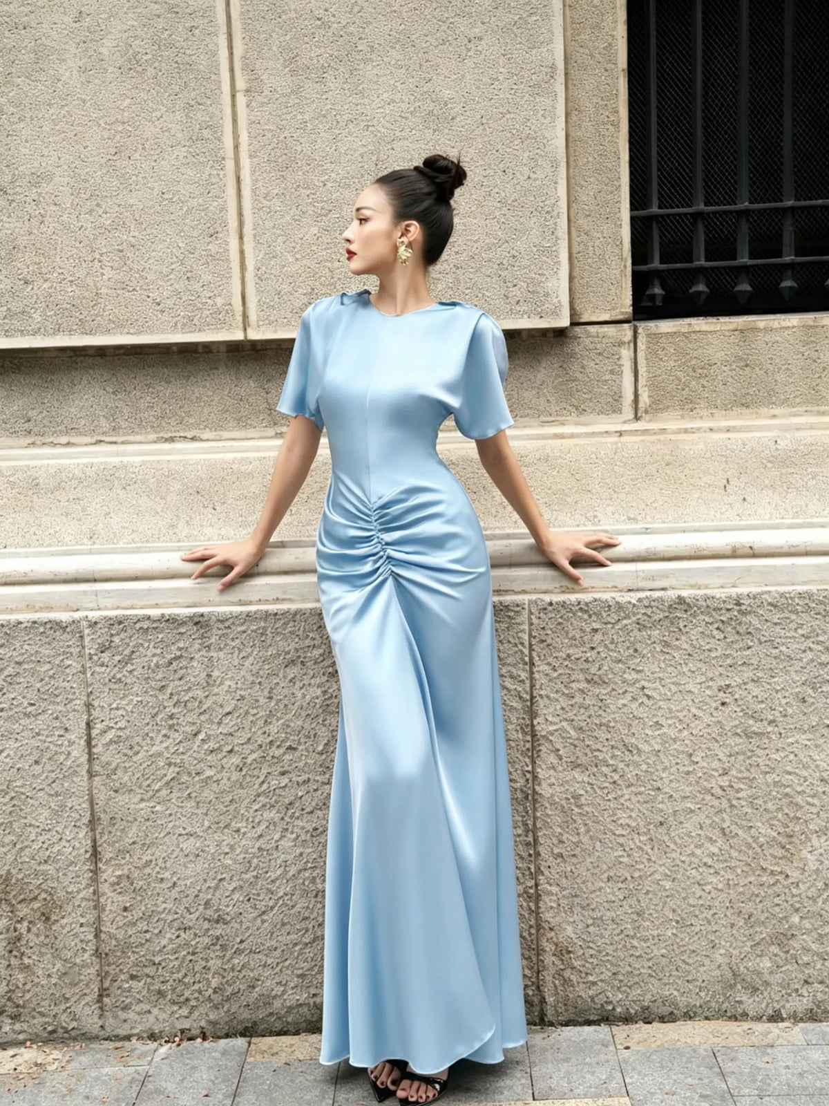 Cocoslly Round Neck Short Sleeves High Waist Long Prom Dress With Pleated | Wine Red Satin DB0023