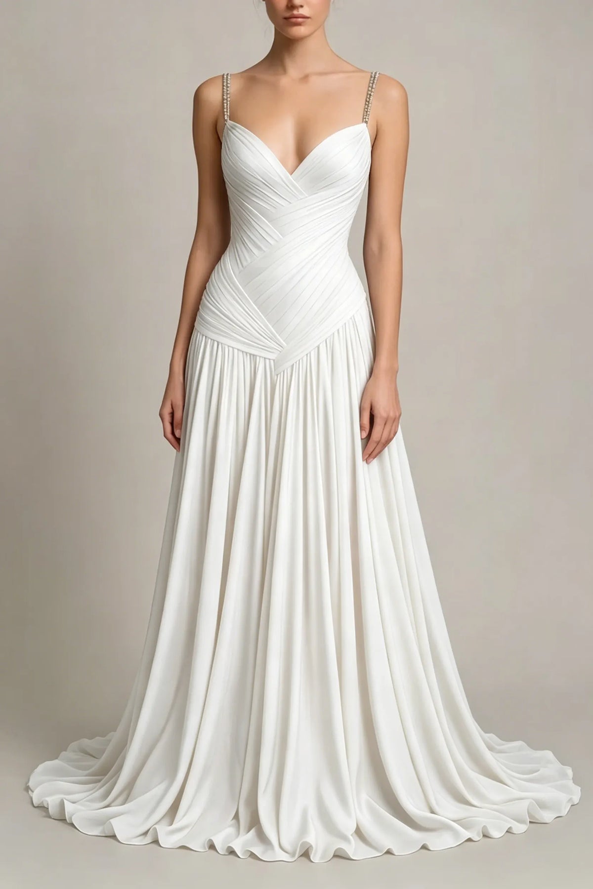 Cocoslly Spaghetti Straps Sleeveless High Waist Long Prom Dress With Pleated | Dusty Blue Chiffon LR0340