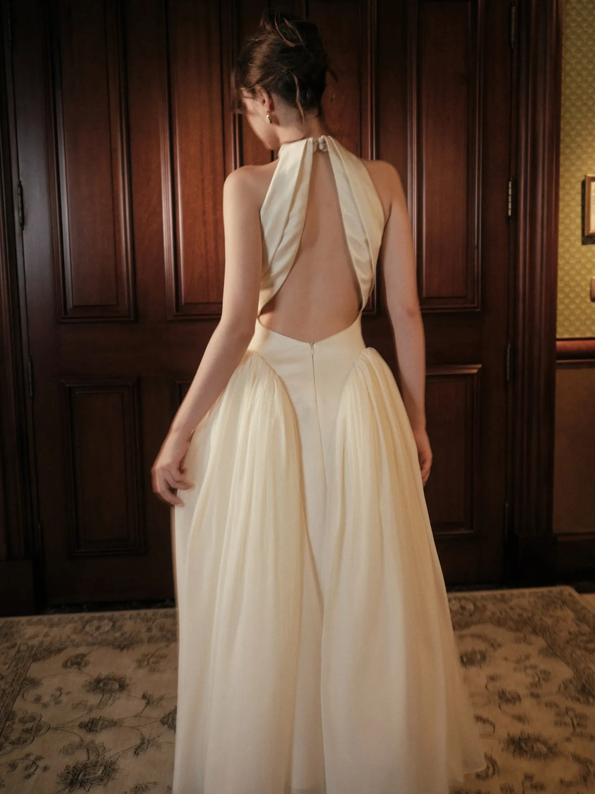 Cocoslly High Neck Sleeveless High Waist Long A Line Prom Dress | Ivory Satin And Tulle CO0201