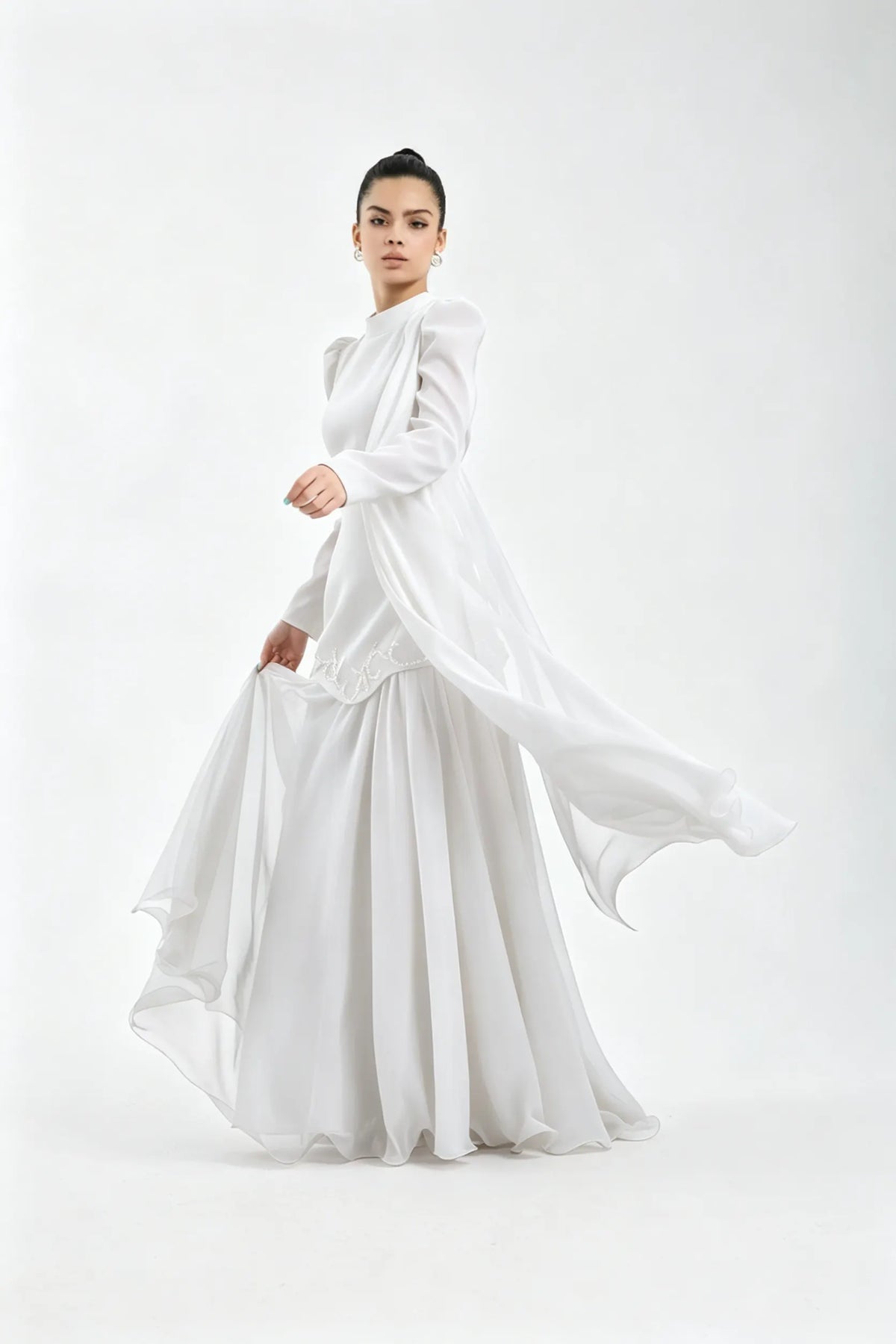 Cocoslly High Neck Long Sleeves High Waist Long Prom Dress With Rhinstone | Cabemet Chiffon LR0407