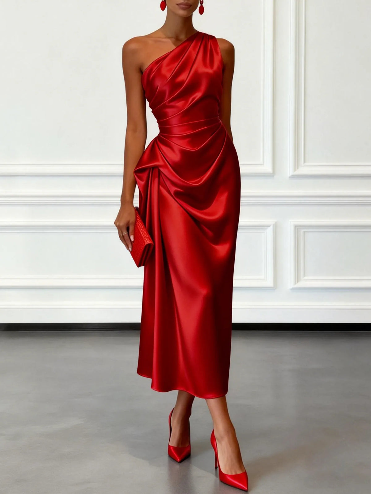 Red Ruched Satin One Shoulder Sleeveless Sheath Midi Dress