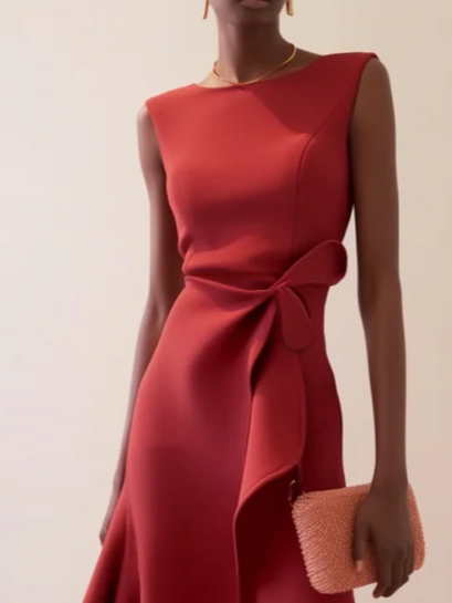 Red Asymmetric Ruffled Cotton Boat Neck Sleeveless A-Line Midi Dress