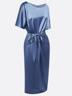 Blue Short Sleeve Satin A-Line Tie Waist Midi Dress