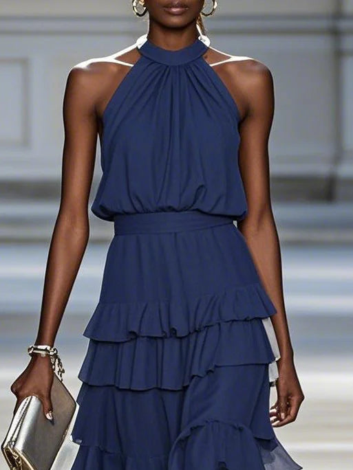 Purplish Blue Peplum Tiered Chiffon Halter Sleeveless A-Line Maxi Two-piece Dress
