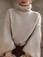 Cream Knit Turtleneck Sweater With Ruffled Cuffs