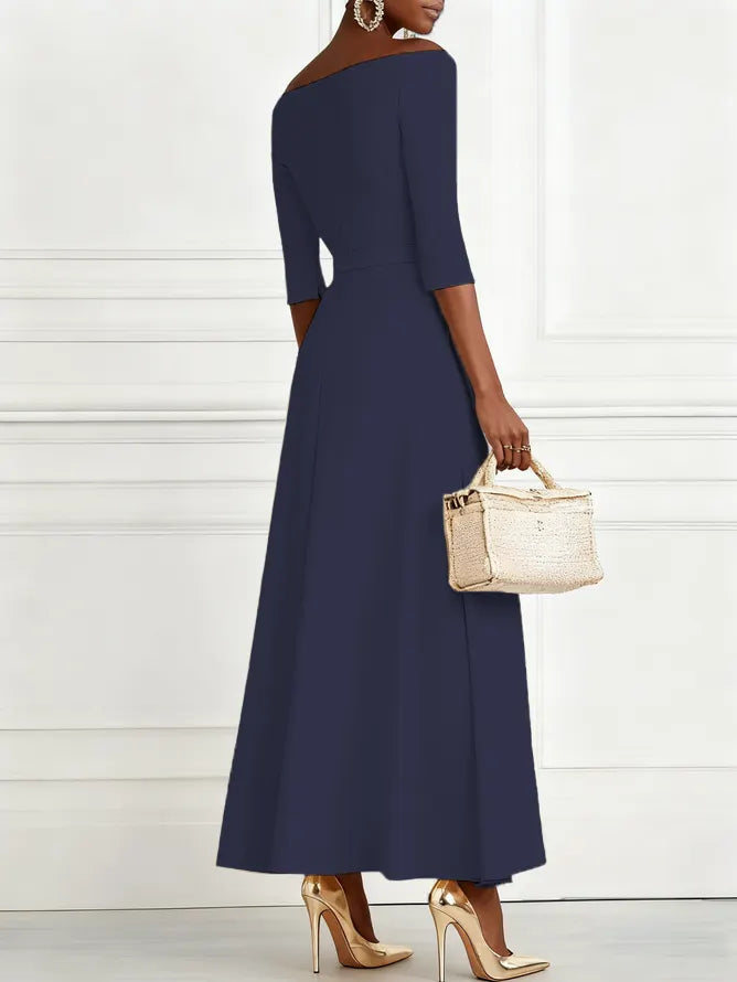 Purplish Blue Classic Off The Shoulder Half Sleeve A-Line Maxi Dress