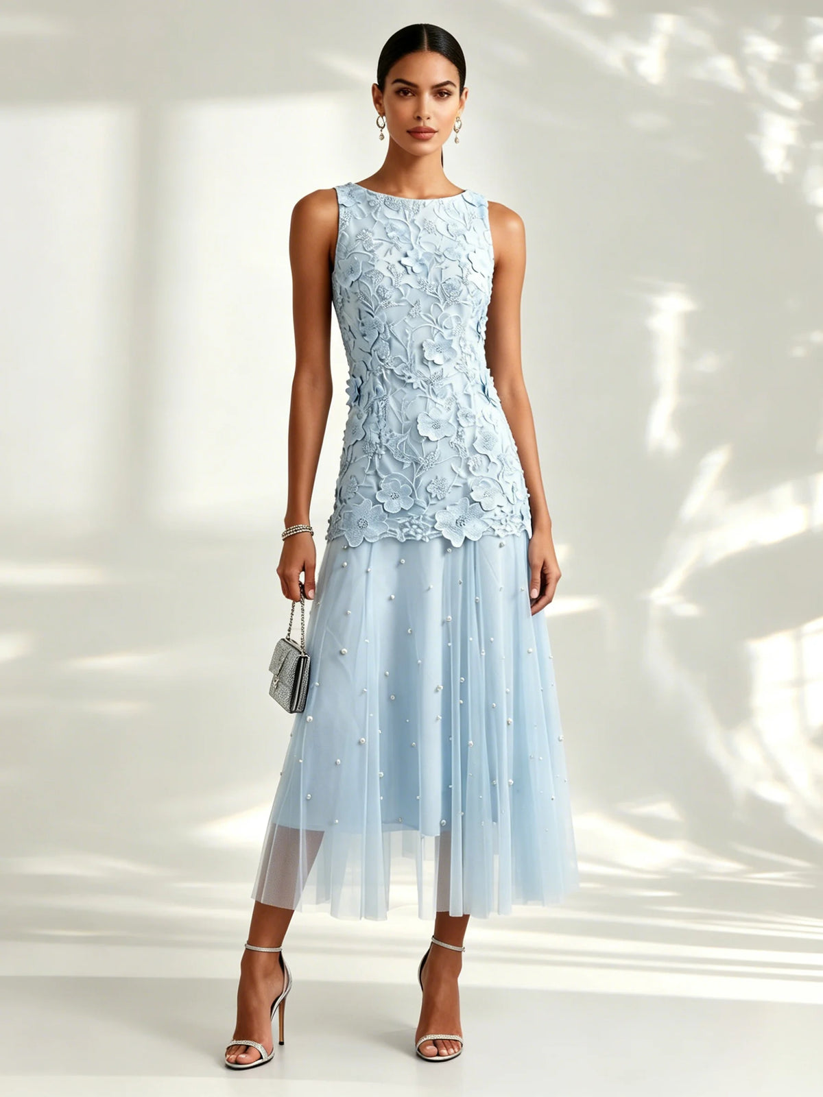 Light Blue Lace Lace Boat Neck Sleeveless A-Line Maxi Dress