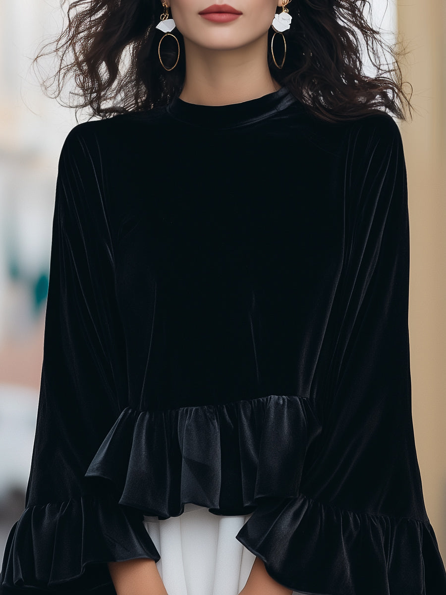 Round Neck Velvet Ruffle-Trim Blouse