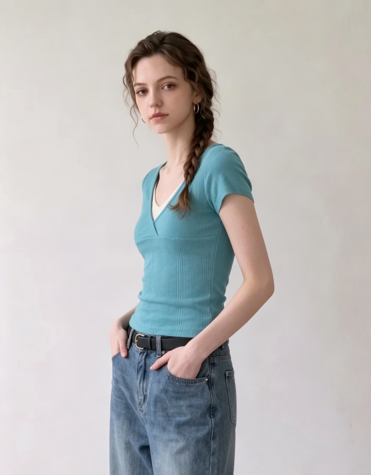 Teal V-neck layered short-sleeved top