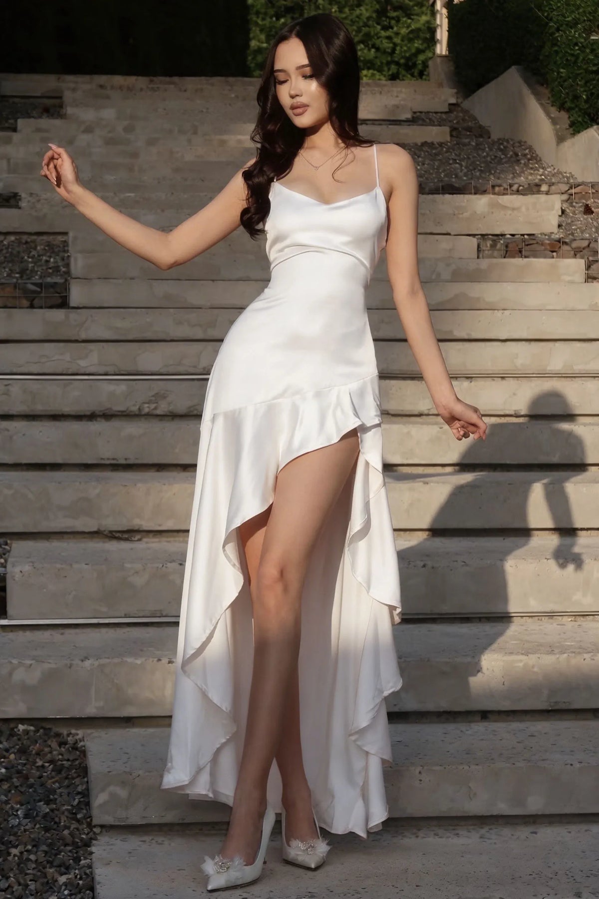 Cocosll Spaghetti Straps Sleeveless High Waist Long Prom Dress With Ruffles | Blushing Pink Satin YC0564