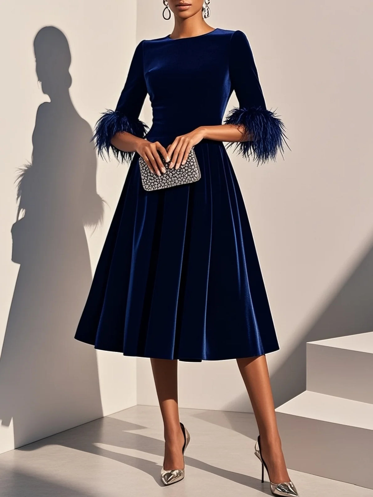Purplish blue Feather-trimmed Velvet Crew Neck Half Sleeve A-Line Midi Dress