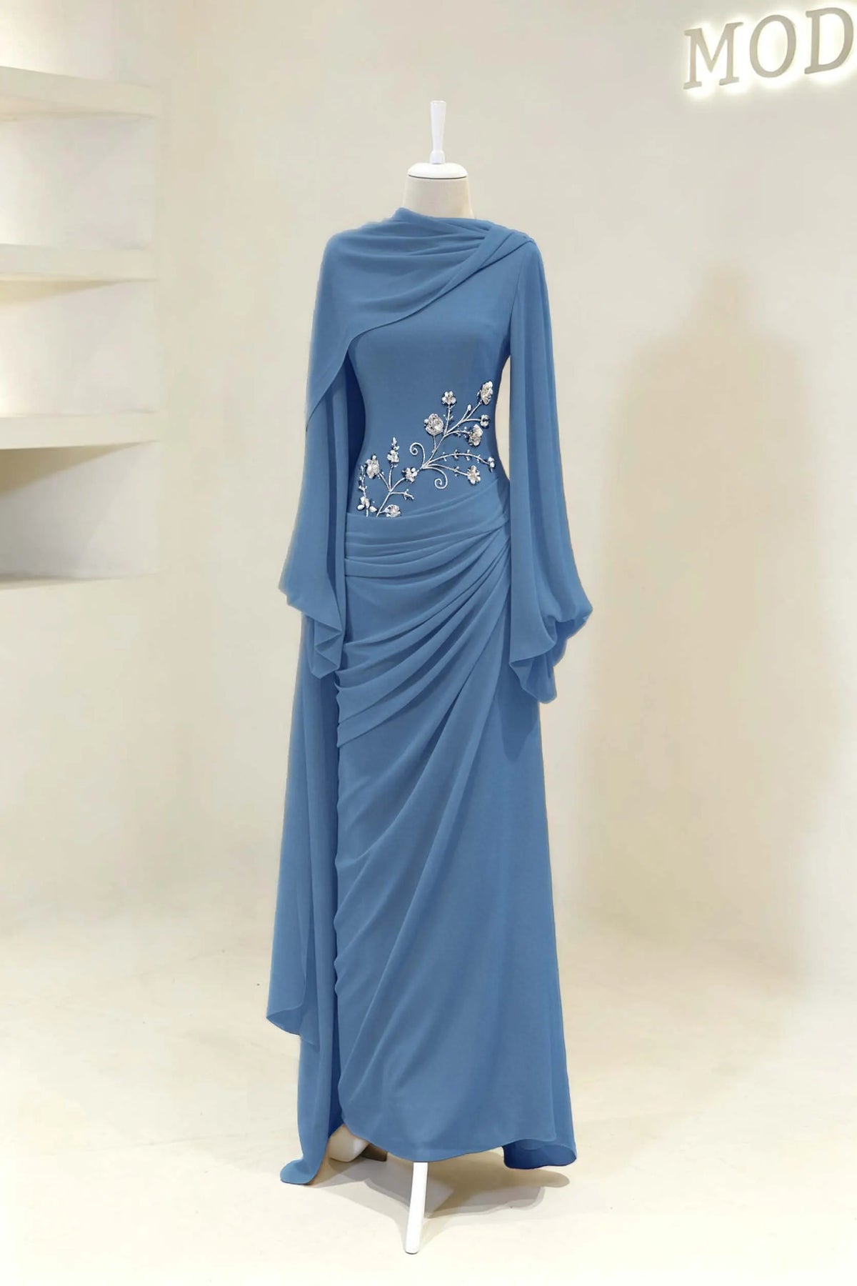 Cocoslly Long Sleeves High Waist Long Prom Dress With Pleated And Beading Pearls | Cabemet Chiffon ZA0710