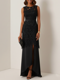 Black Lace Split Joint Classic Boat Neck Sleeveless Mermaid Gown Dress