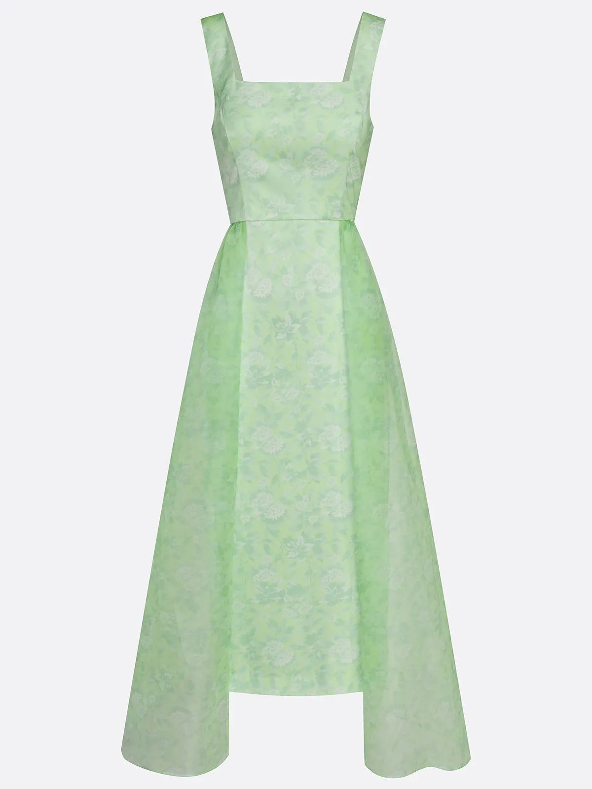 Light Green Floral Split Joint Satin Square Neck Sleeveless A-Line Maxi Dress