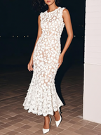 White Lace Crew Neck Sleeveless Mermaid Maxi Dress